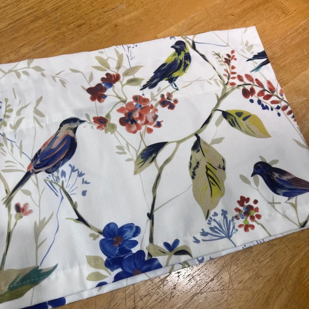 Bird Floral Linen Window Valance 52x12 White Blue Botanical Print Handmade